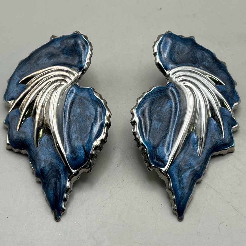 Vintage Navy Blue Enameled and Silver Tone Leaf Design Earrings- Chic Retro